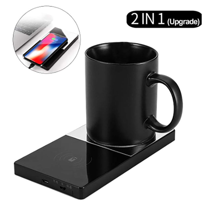 2 In 1 Heating Mug Cup Warmer + Electric Wireless Phone Charger For Home Office Coffee/Tea